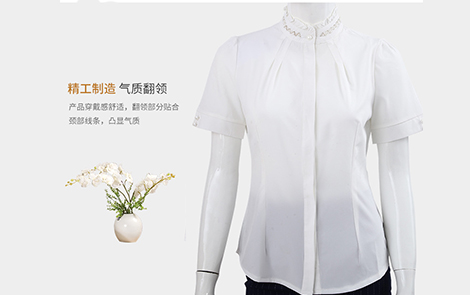惠州白色立領珠花木耳邊雪紡女士短袖襯衫